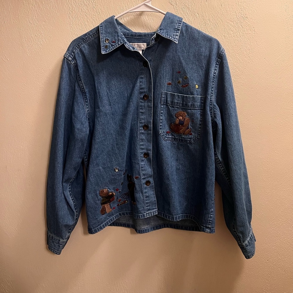 Christopher & Banks Denim Shirt with Embroidered Bears Details